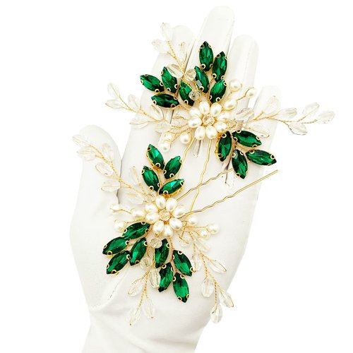 PRETTYLIFE Crystal Wedding Hair Pins Pearl Rhinestone Flower Bridal Hair Pieces Decorative Accessories for Women and Girls (Pack of 2) (Green)