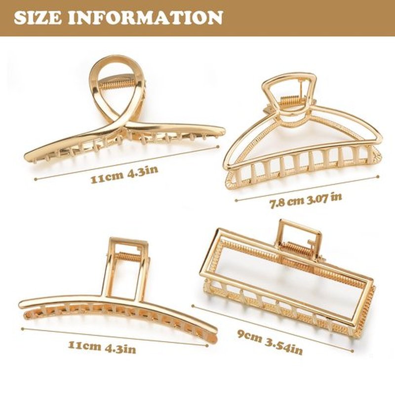 Parcce 4 Pack Large Metal Hair Clips for Thin to Thick Curly Hair, 4.3 Inch Big Nonslip Gold Color Clamps, Perfect Fashion Jaw Claw Hair Styling Accessories for Women and Girls, Christmas Gifts