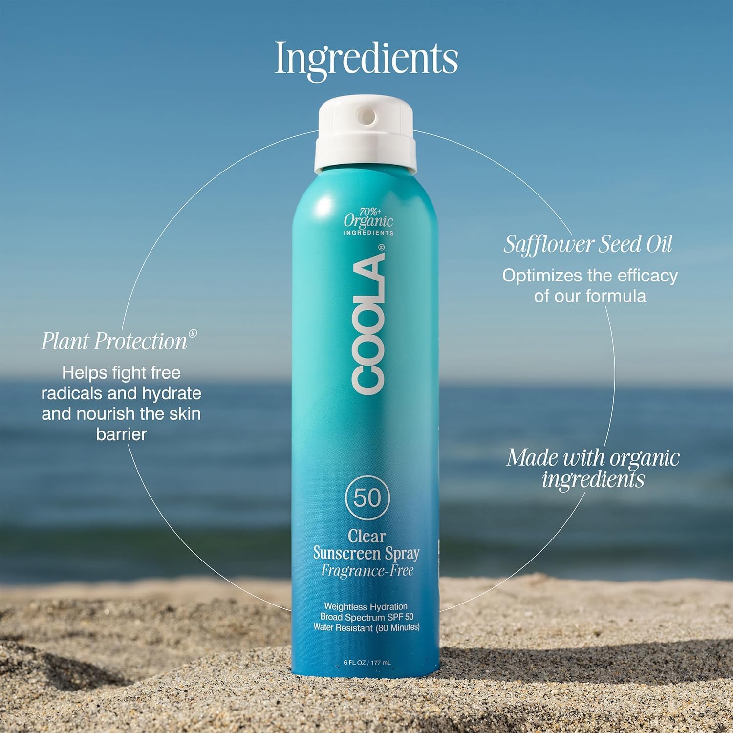 COOLA Organic Sunscreen SPF 50 Sunblock Spray, Dermatologist Tested Skin Care for Daily Protection, Vegan and Gluten Free, Fragrance Free, 6 Fl Oz