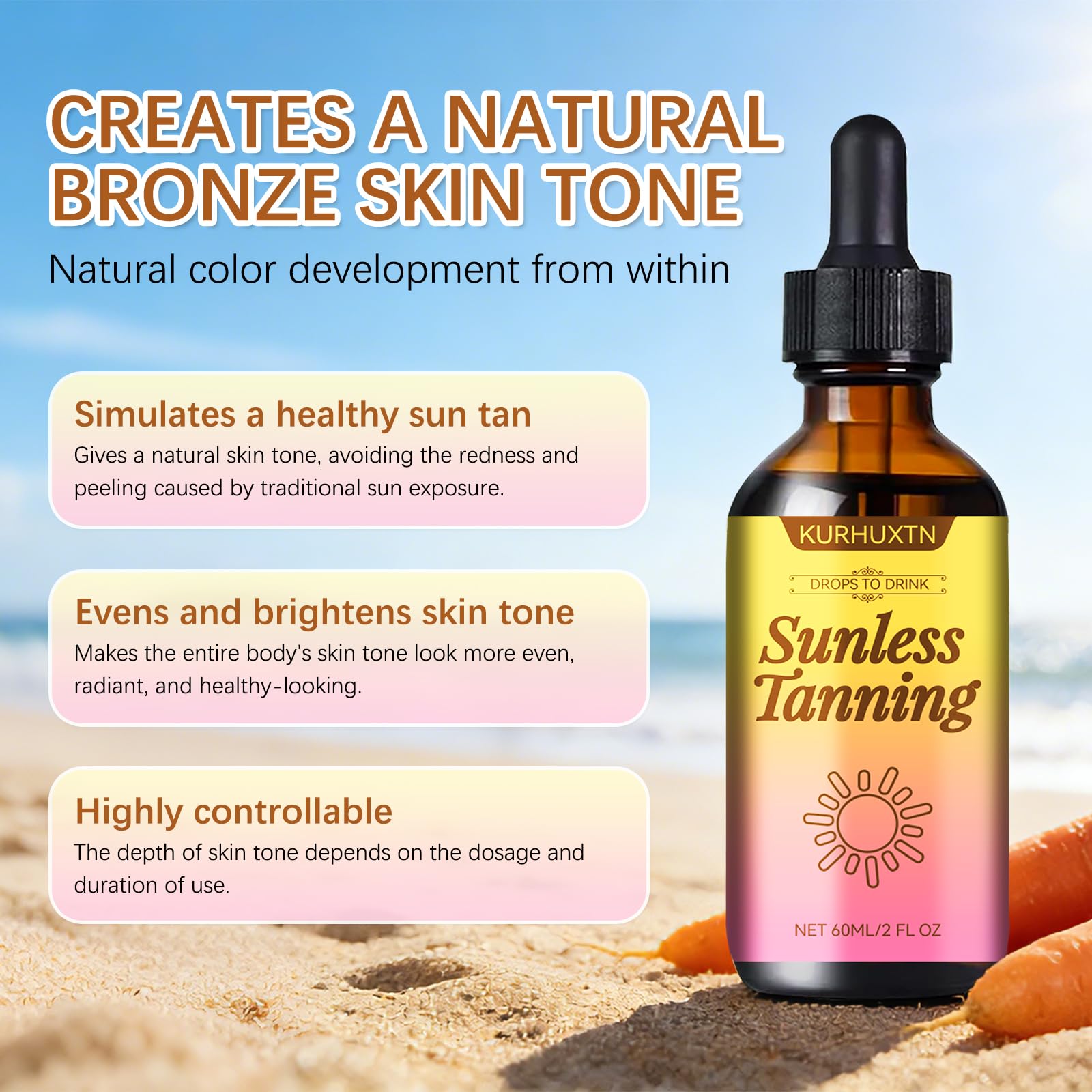 Sunless Tanning Drops to Drink, Natural & Organic Ingredients, Moisturizing Bronzing Tanner for Face & Body (1PC)