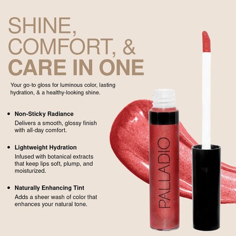 Palladio Lip Gloss - Non-Sticky Formula with Vitamin E & Aloe | Intense Color & Moisturization in Sheer Bronze