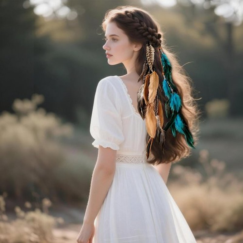 FeelfunFeather Feathers Hair Extensions for Women Boho Clip-in Hair Feather Accessories for Mardi Gras Performances Photo Shoots Carnival Party Headdress Accessory- long, Natural+Blue(2 Pcs)