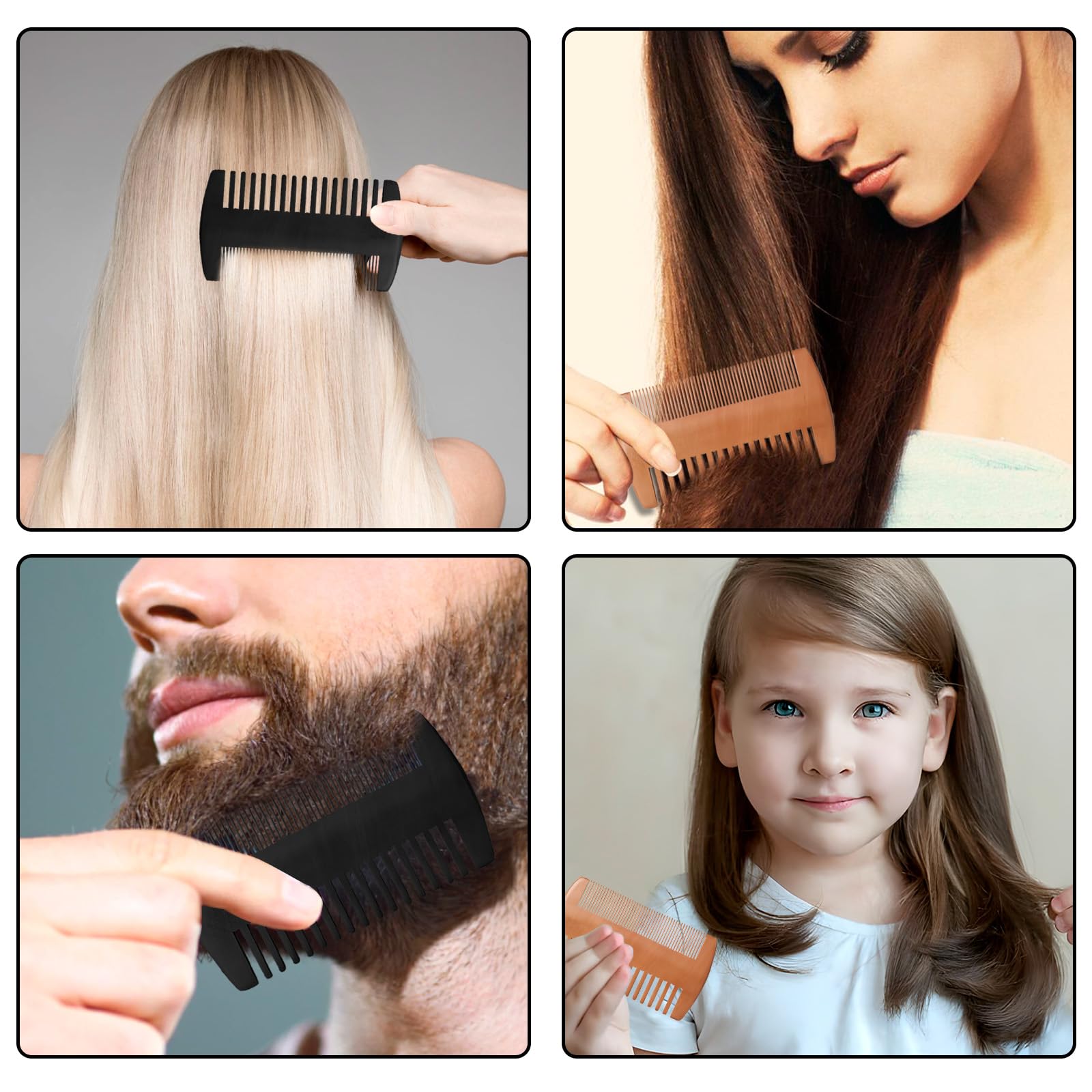 Kootinn Wooden Beard Comb Kit, Dual Action Fine & Coarse Teeth, Wood Color and Black Pocket Comb for Beards & Mustaches & Hair Grooming Care (2 Pack)