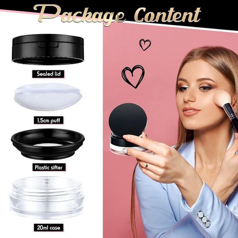 Cunhill Loose Powder Container Set - 2 Reusable Plastic Cases with Puff & Mirror | 0.17/0.7 oz (Silver, Black)