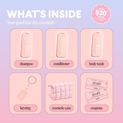 MONDAY Giftset with Travel Size Shampoo, Conditioner, Body Wash Cosmetics Bag and Keyring