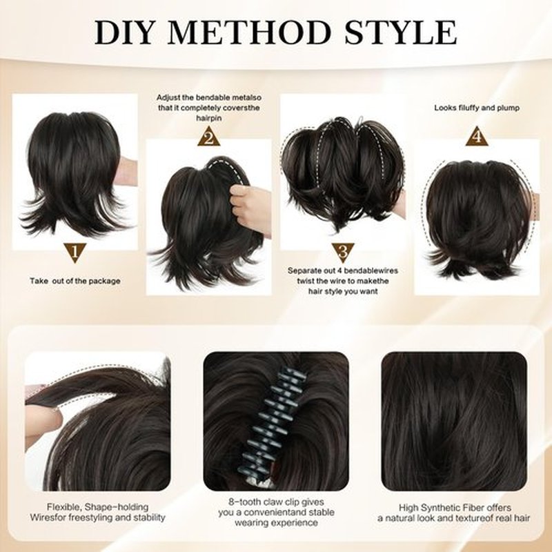 Sotpmal Short Claw Clip Ponytail Extension, DIY Bendable Metals for Messy Bun & Natural Wavy Look, Heat Resistant Synthetic Hairpiece for 3-Minute Fast Styling, Daily & Party-Black