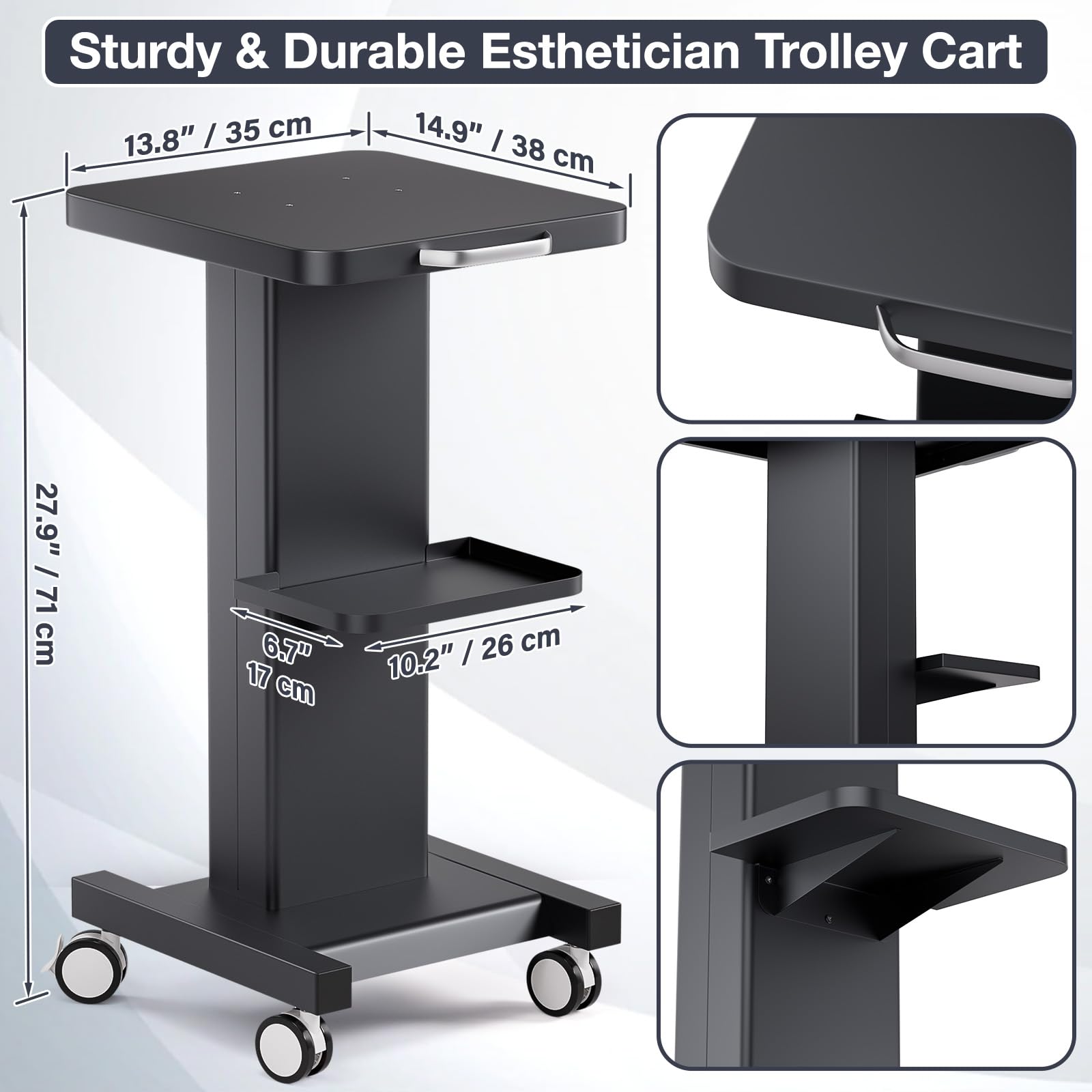 Esthetician Trolley Cart with Wheels, Aluminum Salon Spa Beauty Machine Trolley Stand, Load 135Lbs, 3 Tier Beautician Rolling Cart Esthetician Machine Mobile Handcart for Beauty Instrument Storage
