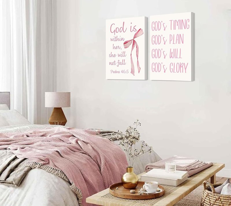 Coquette Pink Bow Canvas Wall Art - Inspirational Bible Verse Prints for Girls' Room | 12"x16" Framed Decor