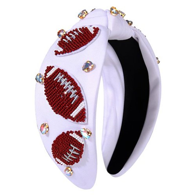 Football Headband for Women Football Mom Accessories Beaded Football Knotted Headband Jeweled Rhinestone Crystal Embellished Top Knot Hairband White Sport Hairband Game Day Hair Accessory (White)