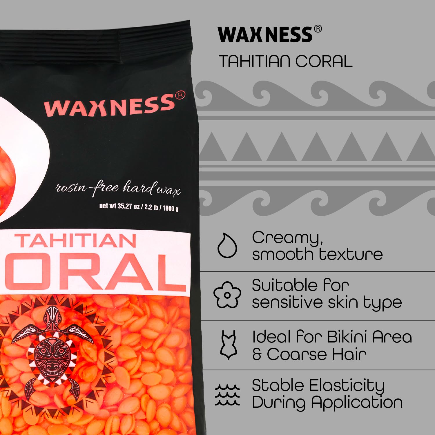 Waxness Tahitian Coral Hard Wax Beads 2.2 lb (1 kg) – Creamy Texture with Strong Grip for Bikini & Coarse Hair, Smooth Application for Sensitive Skin – Made in Italy