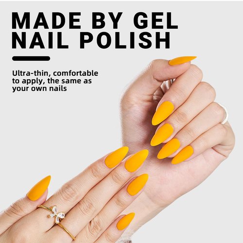 Press On Nails Medium Almond, WOOYAS Yellow Orange Fake Nails Solid Color False Nails, Matte Artificial Yellow Nails Kit with Nail Glue, Reusable Stick On Nails for Women Girls 24Pcs