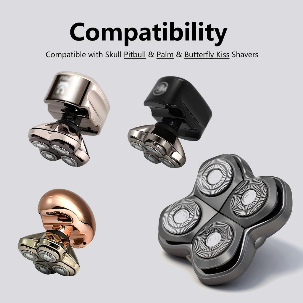 Pro 4 Shaver Replacement Heads Compatible with Pitbull, Palm & Butterfly Kiss Shavers, Floating 4-Head Rotary Blade for Bald Men, Wet and Dry Shaving
