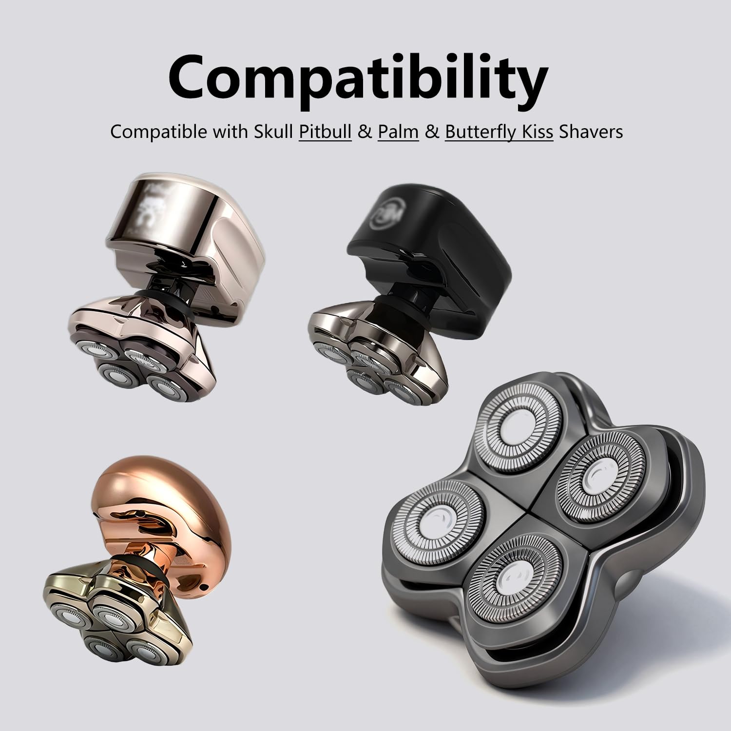 Pro 4 Shaver Replacement Heads Compatible with Pitbull, Palm & Butterfly Kiss Shavers, Floating 4-Head Rotary Blade for Bald Men, Wet and Dry Shaving