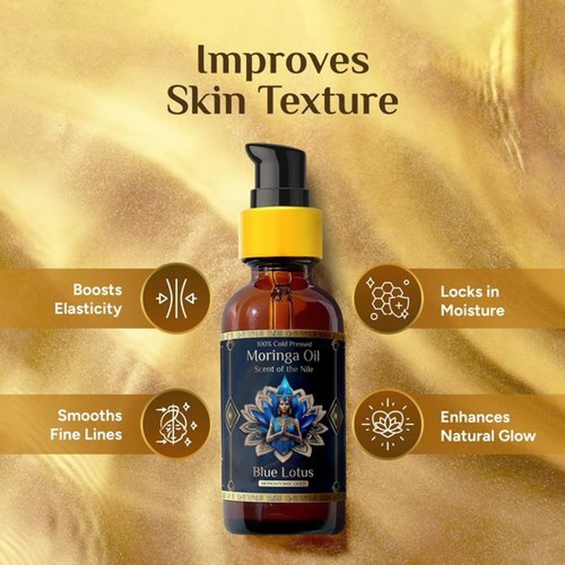 Pure Organic Moringa Oil with Blue Lotus Flower – Deep Hydrating & Anti-Aging Ritual Oil for Skin, Hair & Nails – Premium 100% Cold Pressed Moringa Seed Extraction, Nourishes & Hydrates Skin 2oz.