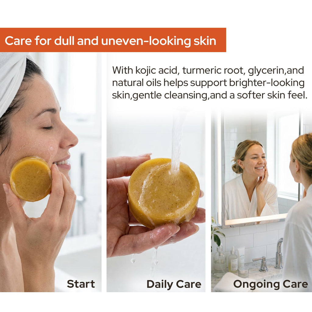 Black Shine BS Kojic and turmeric soap bar for face and body with glycerin, coconut acid, and turmeric root. Cleanses with a rich lather and leaves skin feeling soft, fresh, and comfortably clean.