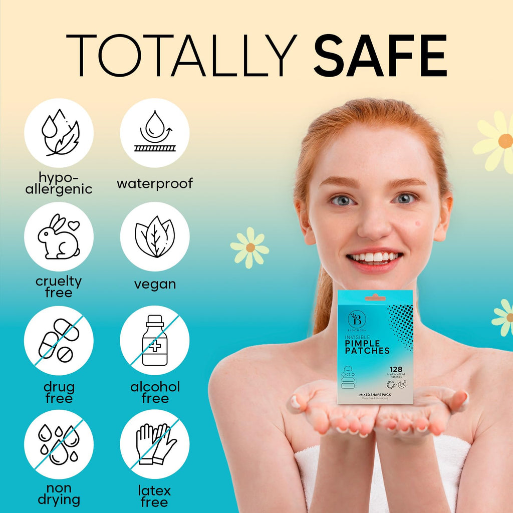 BLOOMORA Large Pimple Patches for Face, Hydrocolloid Pimple Patches, Variety Shapes Zit Stickers, Pimple Spot Care, Pimple Spot Care, Round, Moon, Rectangle, Oval (6 Sizes, 128 Count)