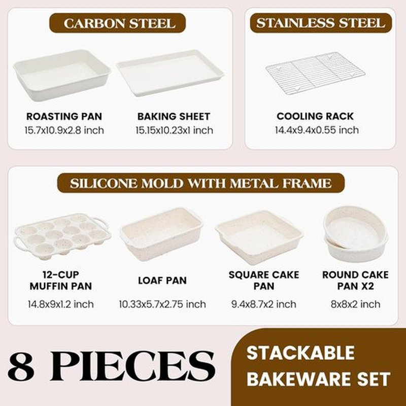 Skiennix 8-Piece Baking Pans Set - Nonstick Silicone Bakeware with Metal Reinforced Frame | Cream Color