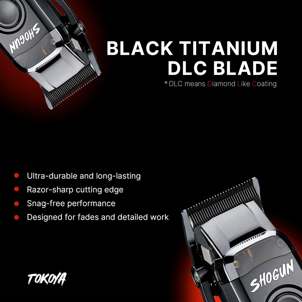 TOKOYA Shogun Professional Hair Clippers – Black Titanium DLC Blade, 7500 RPM Brushless Motor, Adjustable 5-Click Lever, LED Display, USB-C Charging, Cordless Barber Clippers with Guards & Dock