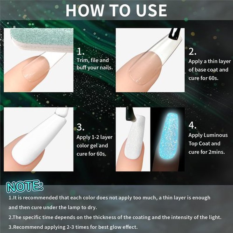 U-Shinein Glow In The Dark Gel Polish - Glitter Luminous Blue Nail Gel Top Coat with Fine glitter decoration No Wipe Long-lasting Transparent Glow UV LED Needed, Perfect for Any Festival Halloween