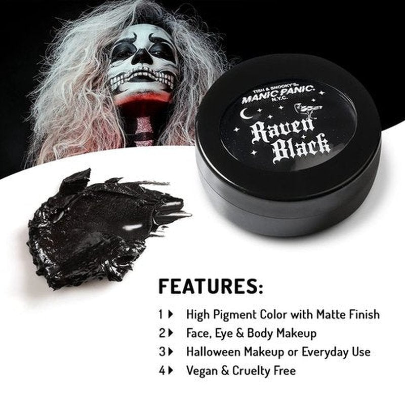 MANIC PANIC Raven Black Face Paint - Black Makeup for Face, Eyes & Body - High Pigment Body Paint with Matte Finish - Halloween, Cosplay & Stage Makeup - Vegan & Cruelty-Free Cream Formula