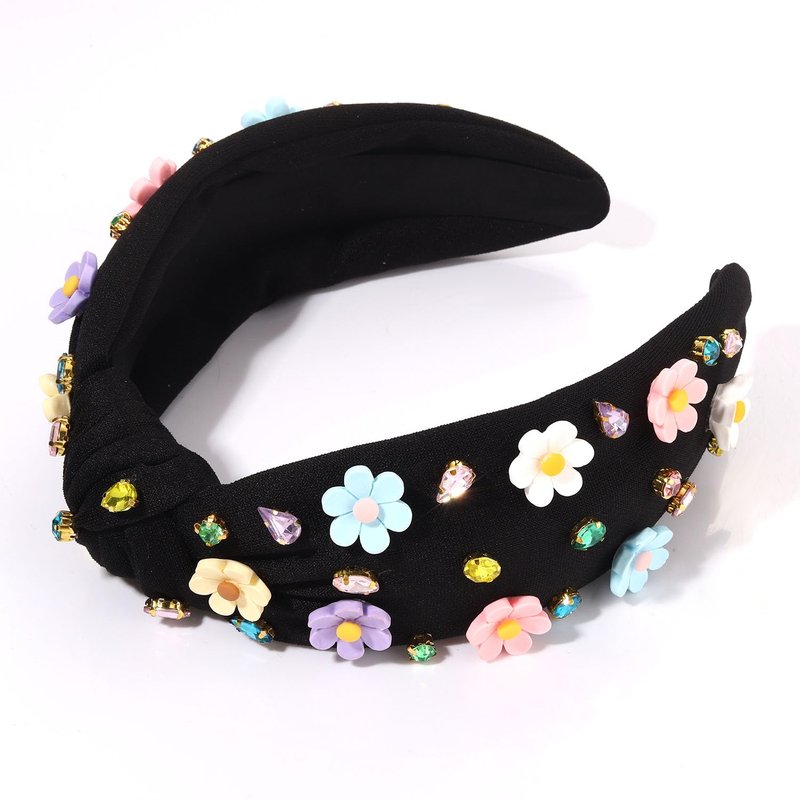 vokone Flower Headbands for Women Girls Crystal Jeweled Embellished Knotted Headband Statement Summer Headband Beach Accessories(Black-Colorful)