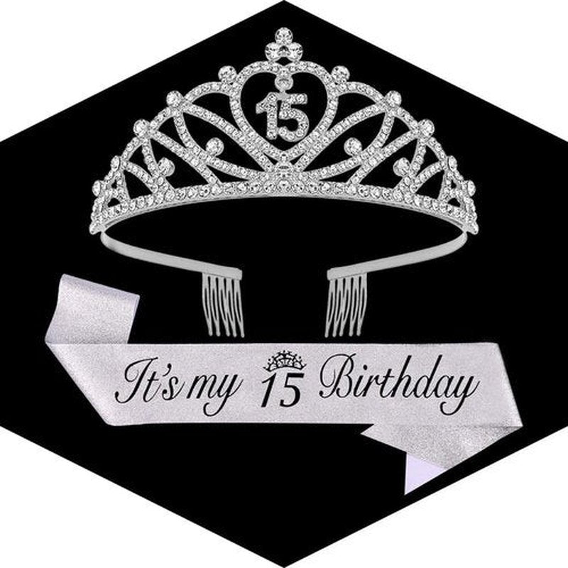 CUBACO 15th Birthday Crown and Sash Set It's My 15th Birthday Decorations for Girls Silver Crown/Tiara for Girls Happy 15 Birthday Party Supplies Corona Para 15 años Quinceañeras Silver