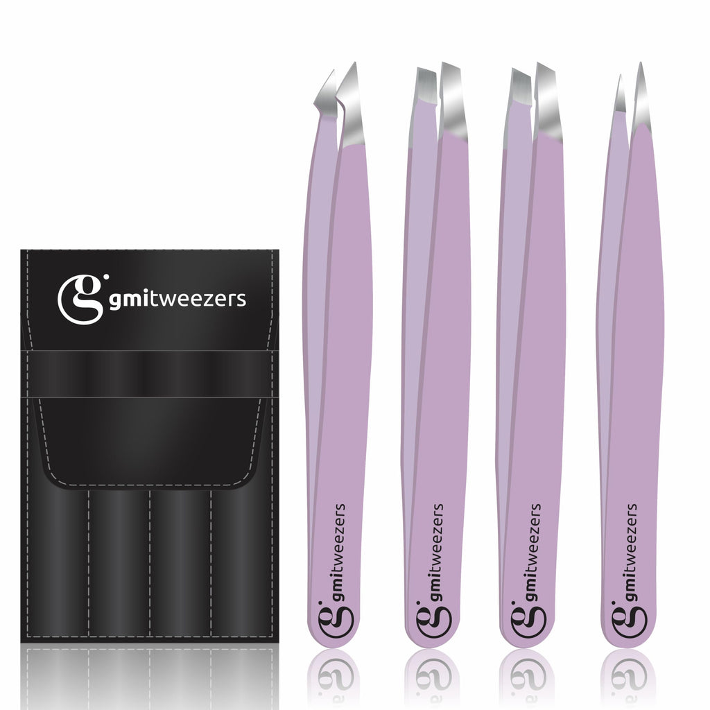 Professional Eyebrow Tweezers Set of 4 – Stainless Steel Precision Tools for Eyebrows, Facial Hair & Ingrown Hair Removal – Slant, Pointed & Flat Tips with Travel Case for Women & Men