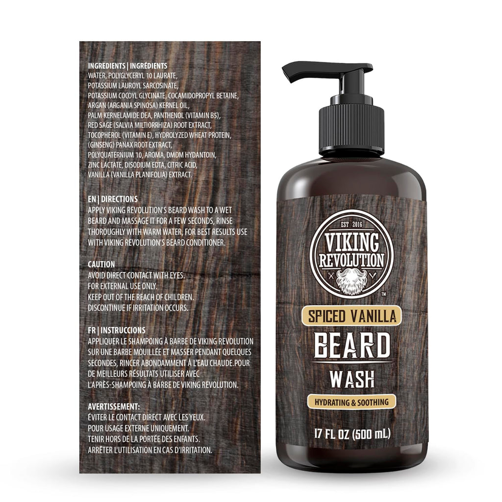 Viking Revolution Spiced Vanilla Beard Wash for Men with Argan Oil and Jojoba Oil - Beard Softener and Strengthener Beard Shampoo with Beard Oil - Beard Care to avoid Beard Dandruff and Itch (17 oz)