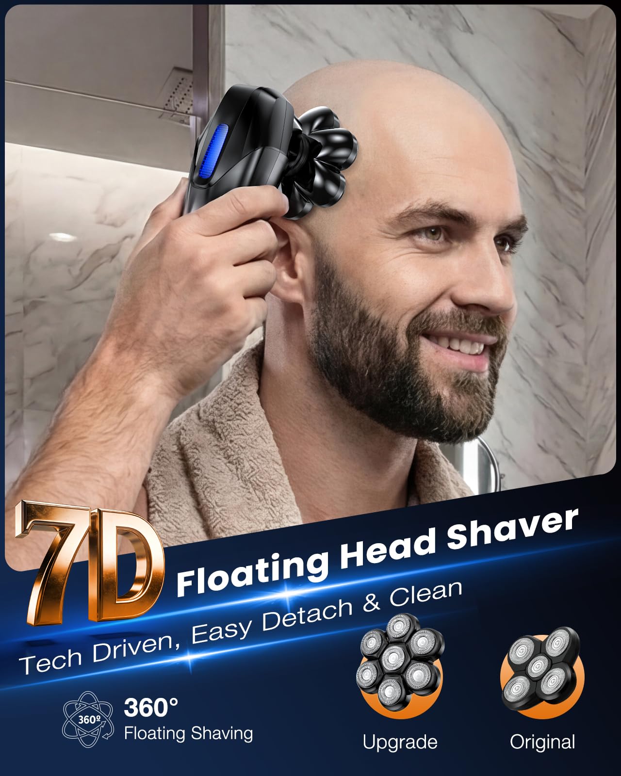 Vylto Head Shavers for Bald Men, 5-in-1 Electric Shaver Grooming Kit, 7D Floating IPX7 Waterproof Rechargeable Wet/Dry Razor for Skull Bald Head, Body Hair, with Massager, Black