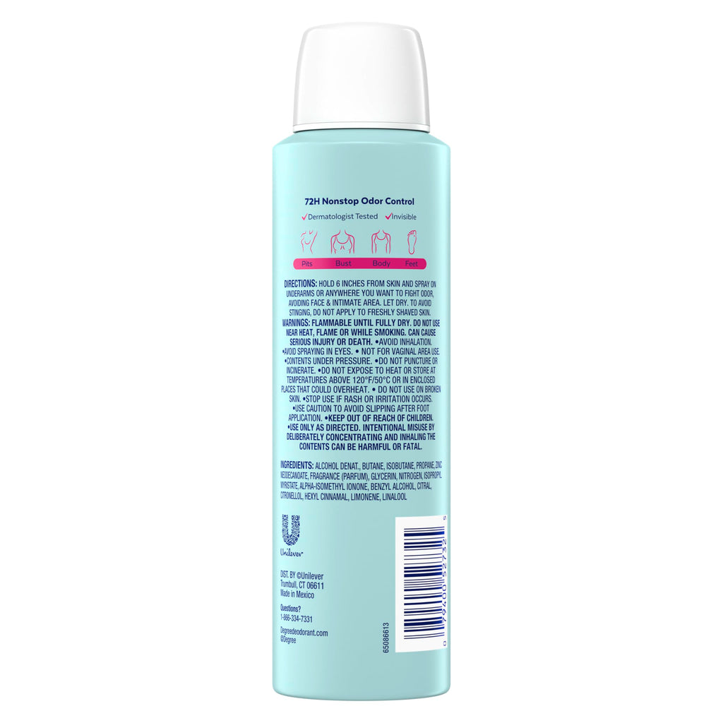 Degree Women Deodorant Spray Rose and Waterlily Scent Aluminum Free 72H Odor Protection 2.9 FO