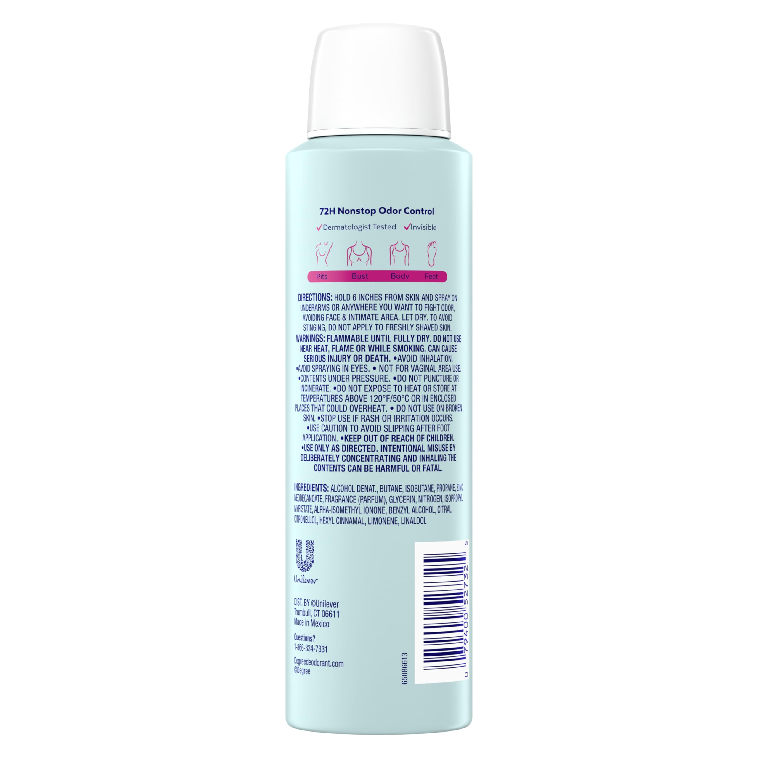 Degree Women Deodorant Spray Rose and Waterlily Scent Aluminum Free 72H Odor Protection 2.9 FO