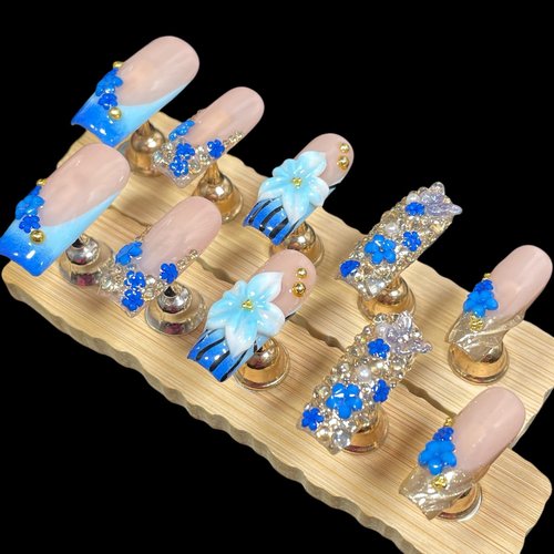 Handmade 3D Floral Press On Nails, Medium Long Square Shape, Blue Gradient with Rhinestones, Gold Beads, Reusable Acrylic False Nails (Blue enchantress, S)