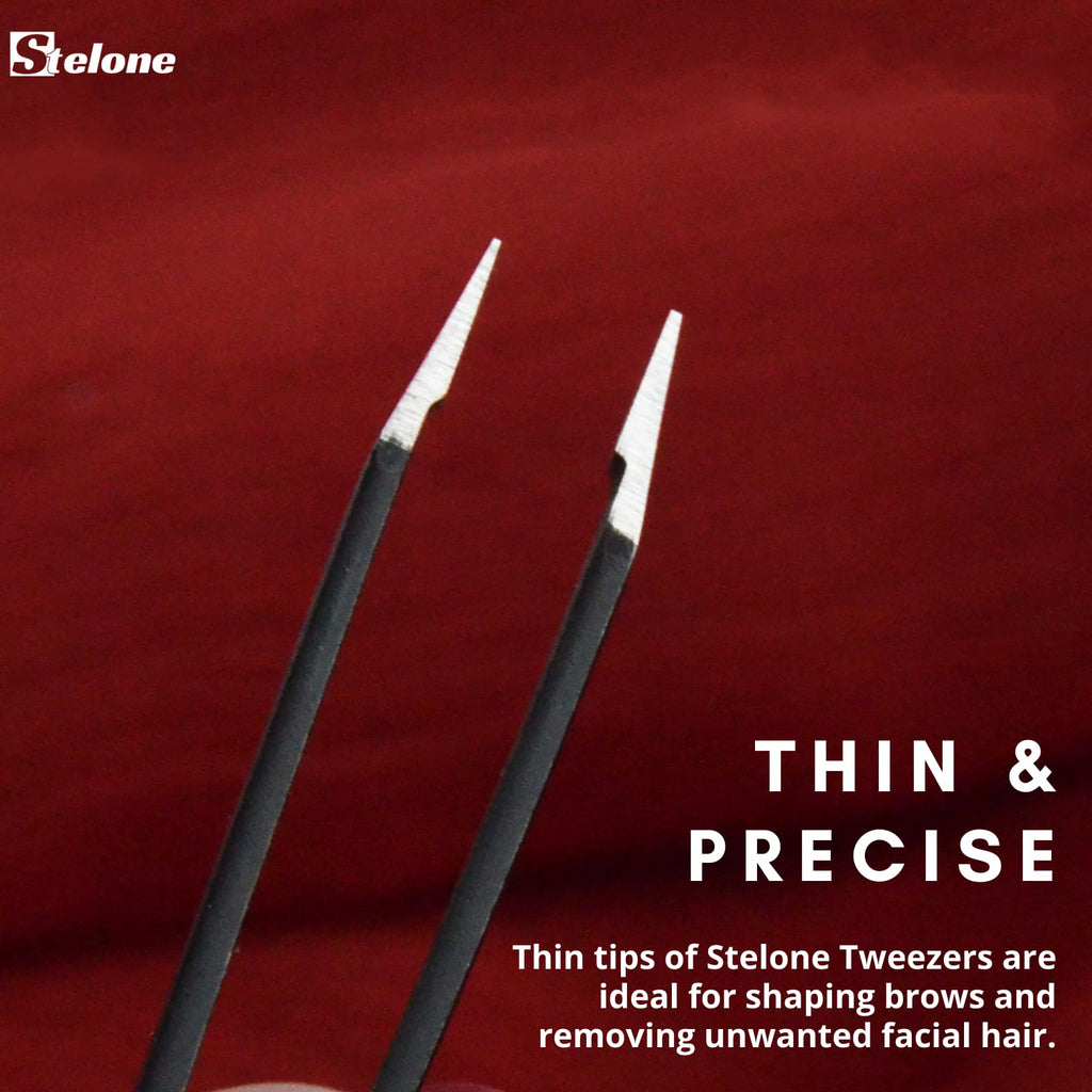 Stelone Tweezers for Eyebrows - Slant Tip Professional Stainless Steel Eyebrow Tweezers for Women & Men - Great Precision on Brow, Facial Hair & Ingrown Hair