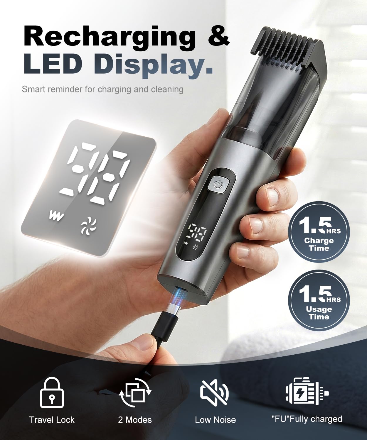 TEPOTZ Beard Trimmer for Men, 40 Adjustable Length Settings, Smooth Facial Hair Trimming, LCD Display, Beard Trimmer, Waterproof for Wet & Dry Use, Washable -Gray
