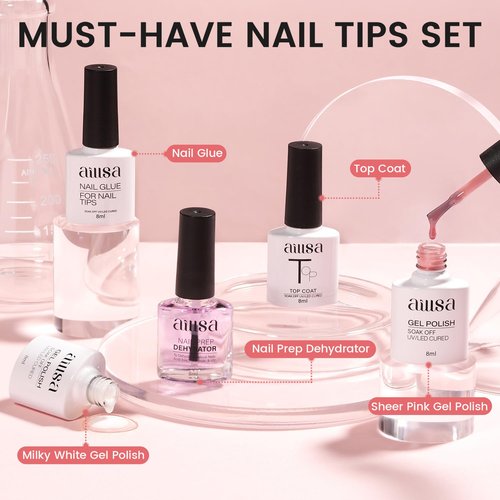AILLSA Nail Extension Kit Short Almond Nail Tips 240pcs with 2 In 1 Nail Glue Base Coat and Nail Dehydrator, Gel Nail Tips Kit with Nail Lamp Top Coat for Starters Home Salon Valentine's Day
