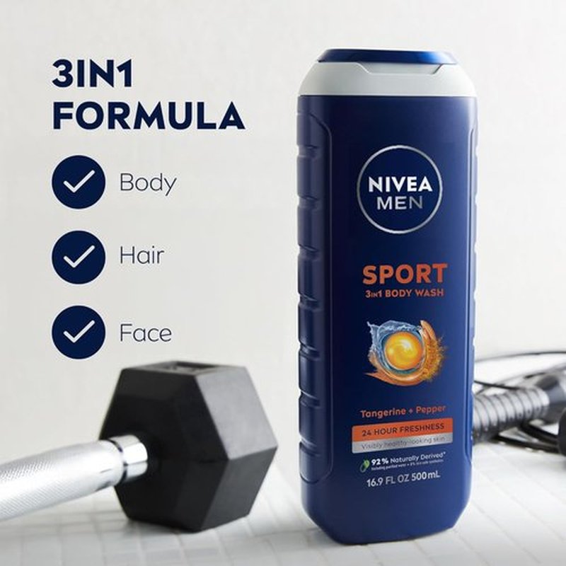 NIVEA Men Sport Body Wash - Revitalizing Minerals & Tangerine-Pepper Scent | 3-in-1 Paraben-Free Formula, 16.9 Fl Oz