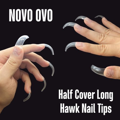 NOVO OVO Halloween 100 pcs Long Hawk Curved Nail tips, Clear Cystal Extra Super Extreme Deep Curve Half Cover Tapered Square Eagle Claw Soft Gel False Nail Extension for Acrylic Nails x10 Sizes in Box