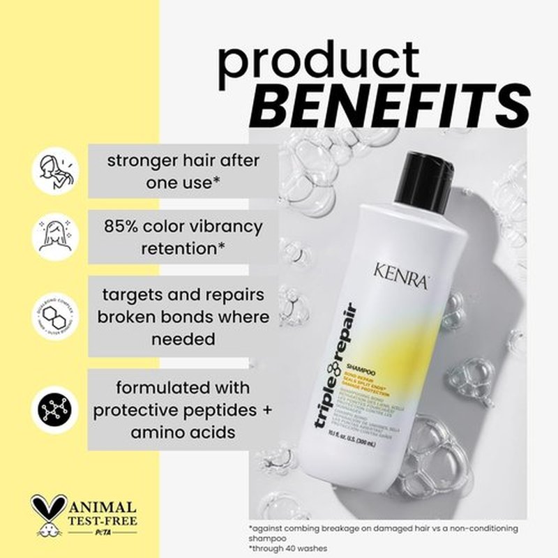 Kenra Triple Repair Shampoo - Strengthens & Repairs Weak Bonds | Sulfate-Free Formula for Damaged Hair