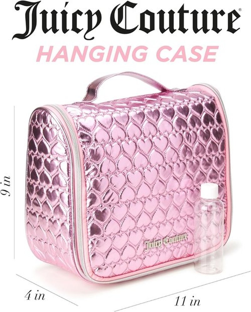 Juicy Couture Pink Makeup Bag - Shiny Puffer Heart Organizer with Travel Hook for Essentials
