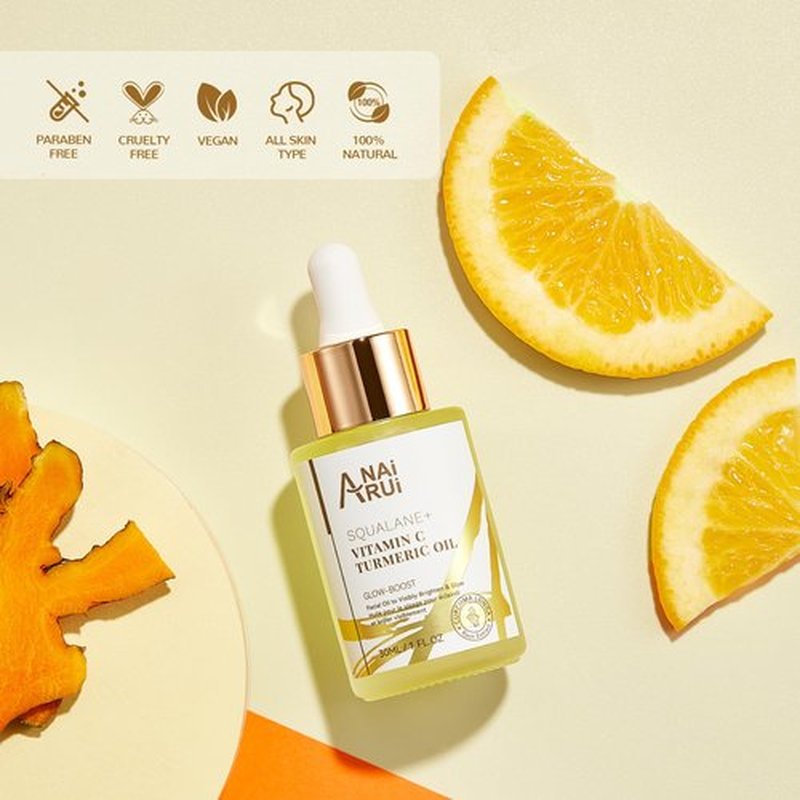 ANAI RUI Squalane Vitamin C Turmeric Facial Oil Moisturizer for Face, Hydrates, Firms Skin, 1fl.Oz.