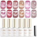 Fcozpjk Cat Eye Gel Nail Polish Set with Magnet Stick, 6 Colors Sheer Jelly Red Nude Pink Brown Gold Glassy Cateye Effect Magnetic Gel Polish Translucent Gels Manicure Salon Supplies Women Gift 8ML
