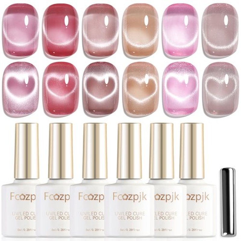 Fcozpjk Cat Eye Gel Nail Polish Set with Magnet Stick, 6 Colors Sheer Jelly Red Nude Pink Brown Gold Glassy Cateye Effect Magnetic Gel Polish Translucent Gels Manicure Salon Supplies Women Gift 8ML