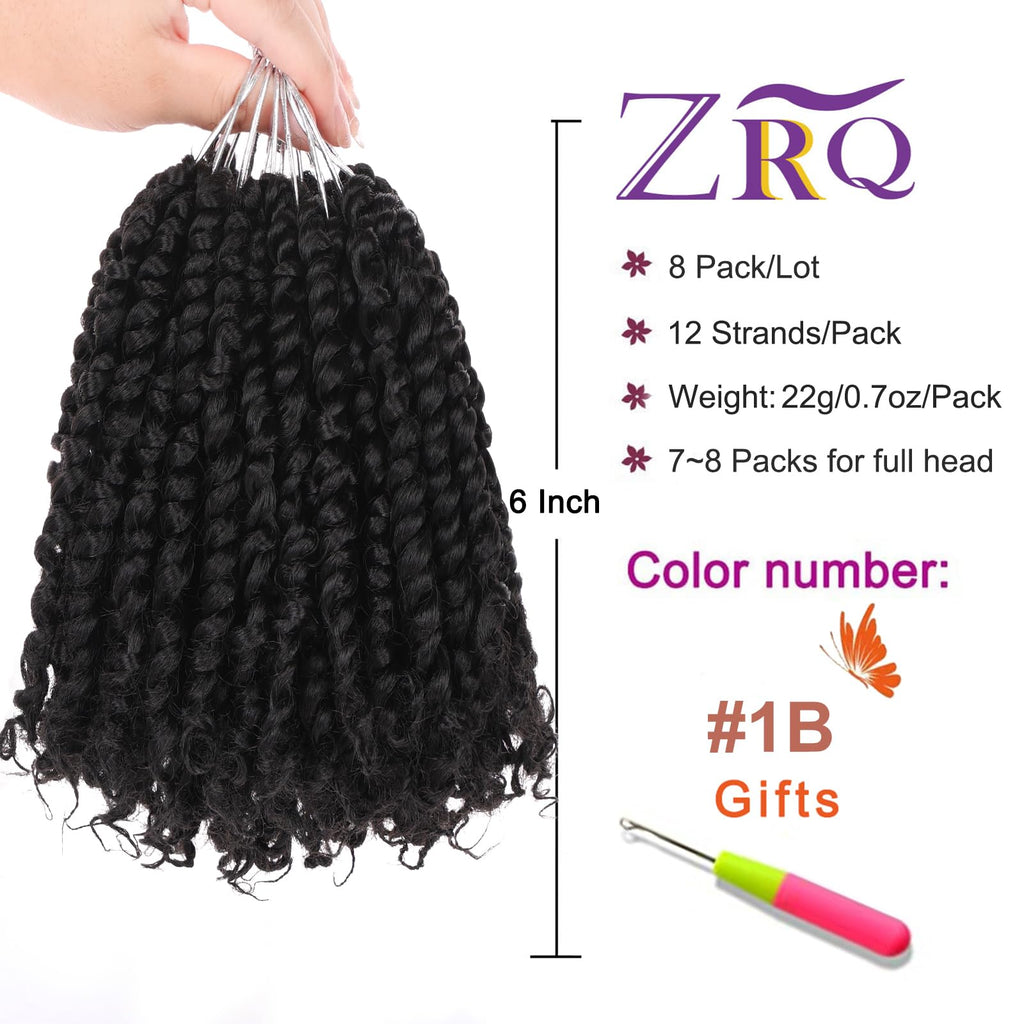 ZRQ Short 8 Packs Pre-twisted Bob Passion Twist Crochet Hair with Curly Ends 6 Inch Pre looped Black Passion Twists Hair 12 Roots/Pack Synthetic Bohemian Crochet Braids Hair for Black Women 1B#