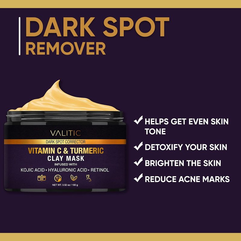 VALITIC Vitamin C & Turmeric Clay Mask - Dark Spot Corrector with Kojic Acid & Retinol - 100g Skin Care Solution
