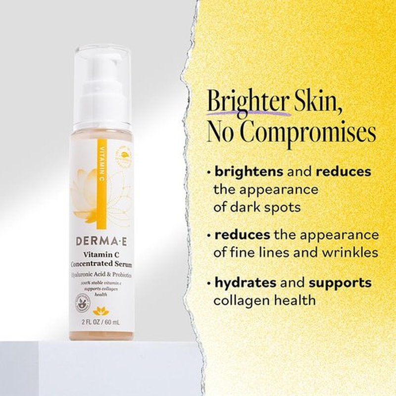 DERMA E Vitamin C Serum - Hydrating & Brightening Formula with Hyaluronic Acid | 2 Oz, All Natural