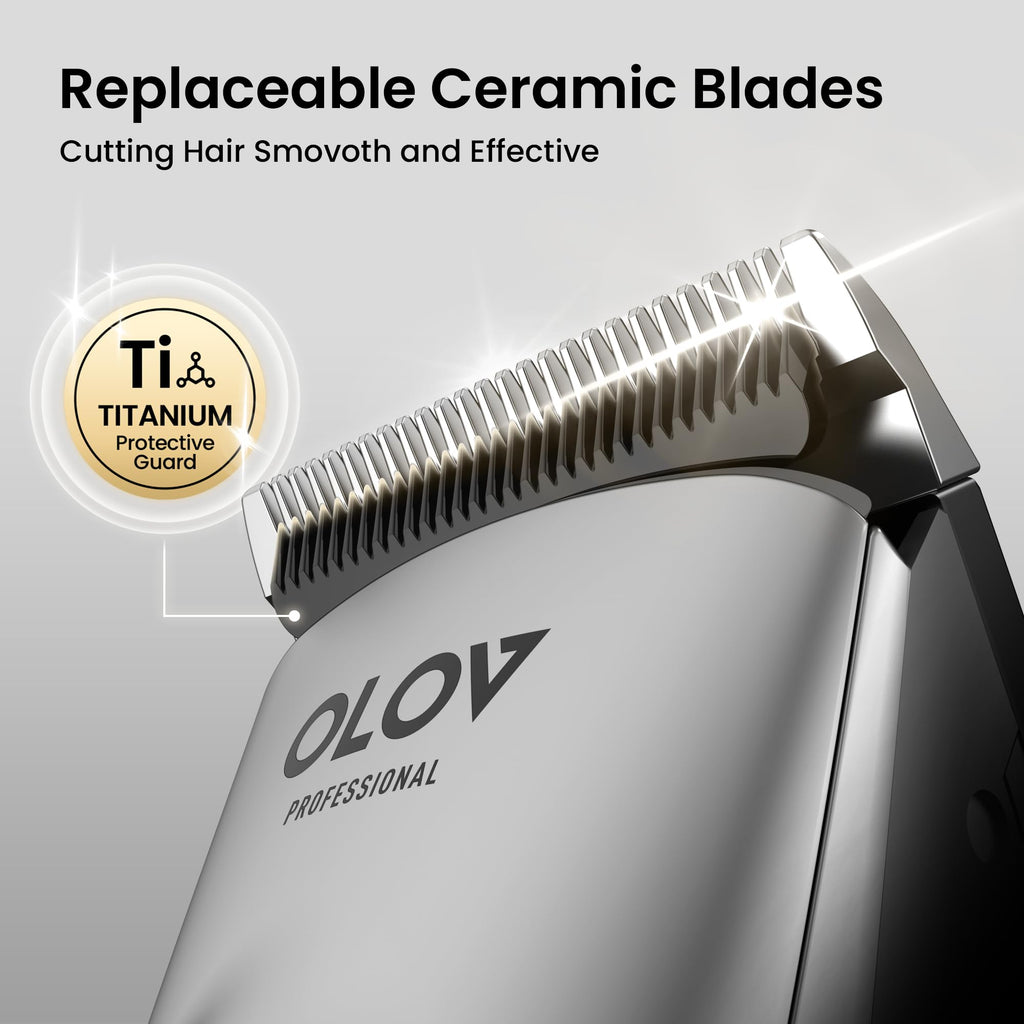 OLOV PROFESSIONAL Hair Clippers for Men, Cordless Hair Clipper Kit, Adjustable 4 Length Setting, 2-Speed Settings, Replaceable Ceramic Blade Heads, Rechargeable Hair Clippers for Family (Grey)