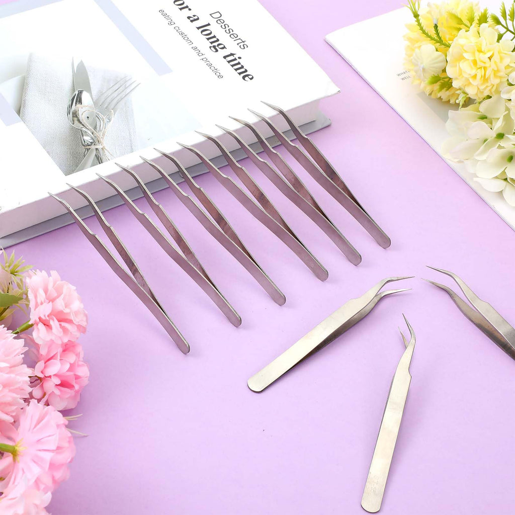 10 PCS Stainless Steel Eyelash Tweezer, Curved Pointed Craft Tweezers for Crafting with Protective Cover Precision Tweezers Set Multipurpose Nail Sticker Tweezer for Eyelash Extensions Blackhead