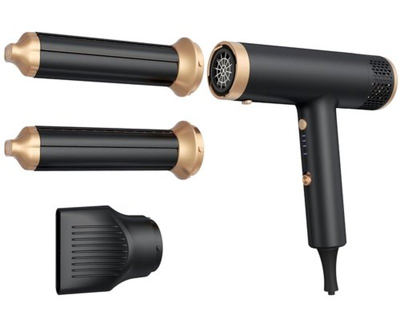 Hair Dryer 3 in 1 Hot Air Styler, 2000 W Ionic Blow Dryer, Lightweight Compact Hairdryer for Travel, Long Barrel Airflow Auto Wrap Curler for Quick Styling, Fast Drying, Coolshot (Black)