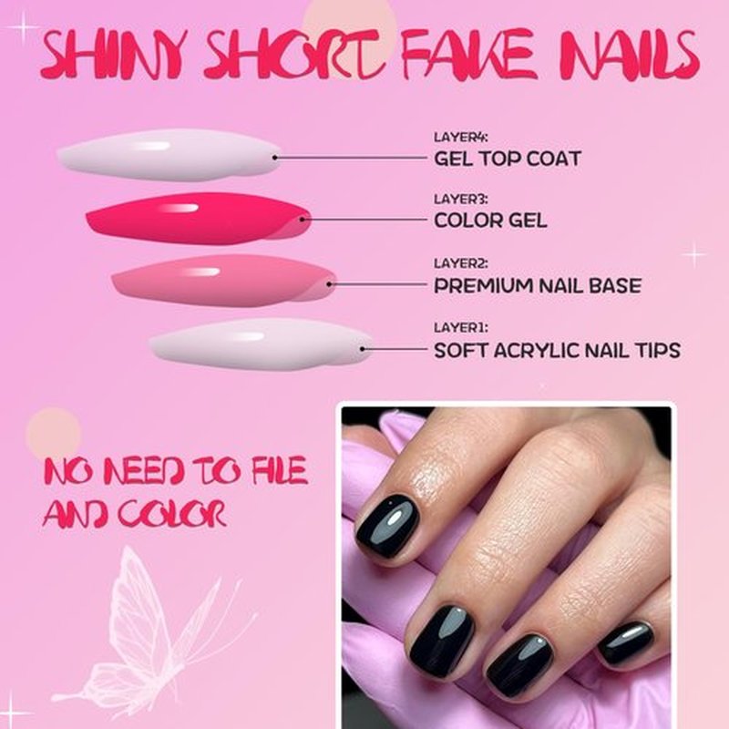 AddFavor Black Press on Nails Short Square Fake Nails, 240pc Short Nails Press ons 12 Sizes Squoval False Acrylic Nail Stick on Nails for Women