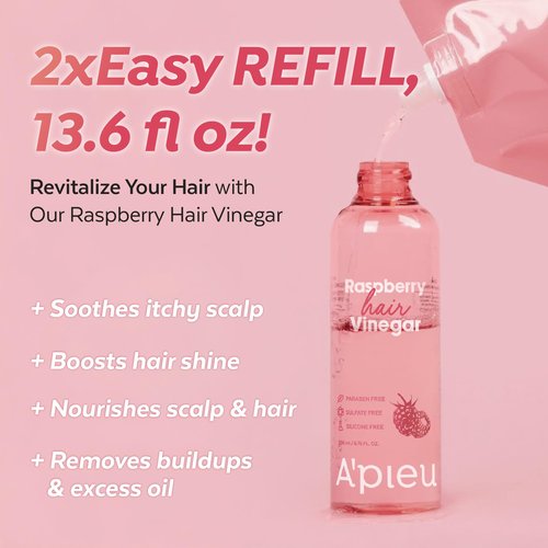 A’PIEU Raspberry Hair Vinegar [Refill] - Deep Scalp Clean & Detox for Oily Scalp, Buildup & Dandruff Scalp Treatment, pH-Balancing Rinse for Fresh, Shiny Hair, Korean Haircare, 6.76 fl oz